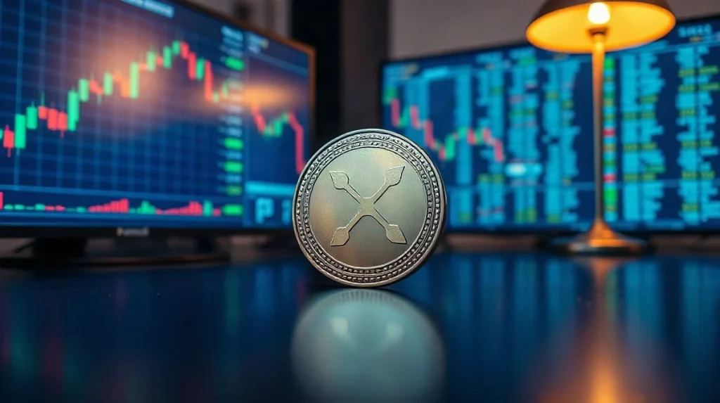 Ripple XRP token on a dark trading desk with blurred candlestick charts on monitors behind it