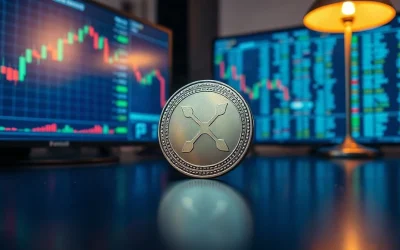 Ripple XRP token on a dark trading desk with blurred candlestick charts on monitors behind it