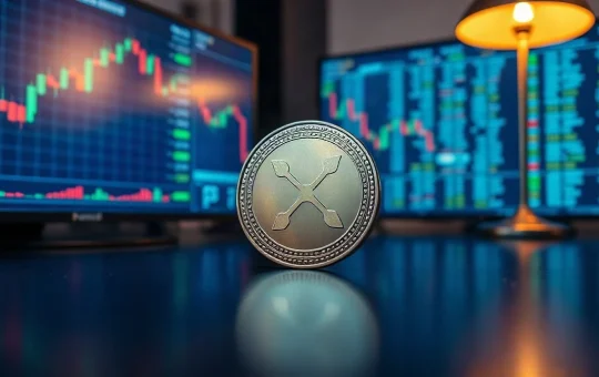 Ripple XRP token on a dark trading desk with blurred candlestick charts on monitors behind it