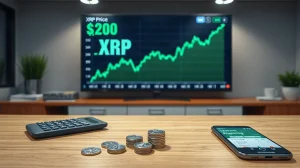 XRP tokens and calculator on a desk with a digital price chart in the background