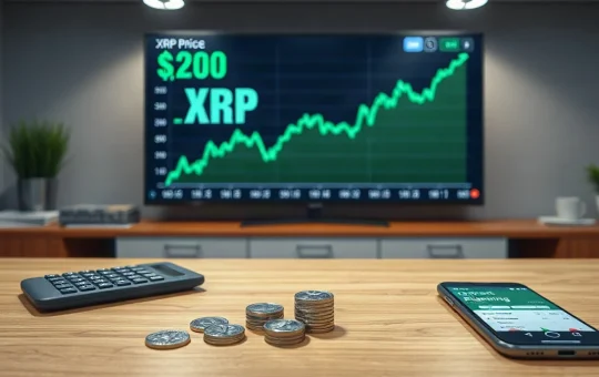 XRP tokens and calculator on a desk with a digital price chart in the background