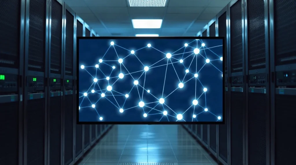 Server room with a monitor showing a blockchain node graph, representing XRP Ledger protocol upgrades