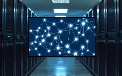 Server room with a monitor showing a blockchain node graph, representing XRP Ledger protocol upgrades