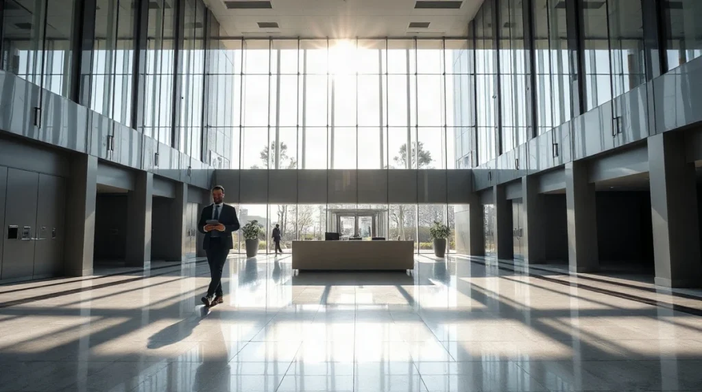 Modern Johannesburg bank headquarters lobby with glass atrium, representing Absa's institutional Bitcoin custody launch.