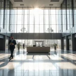 Modern Johannesburg bank headquarters lobby with glass atrium, representing Absa's institutional Bitcoin custody launch.