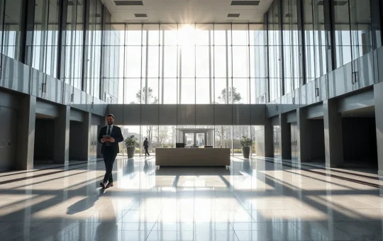 Modern Johannesburg bank headquarters lobby with glass atrium, representing Absa's institutional Bitcoin custody launch.