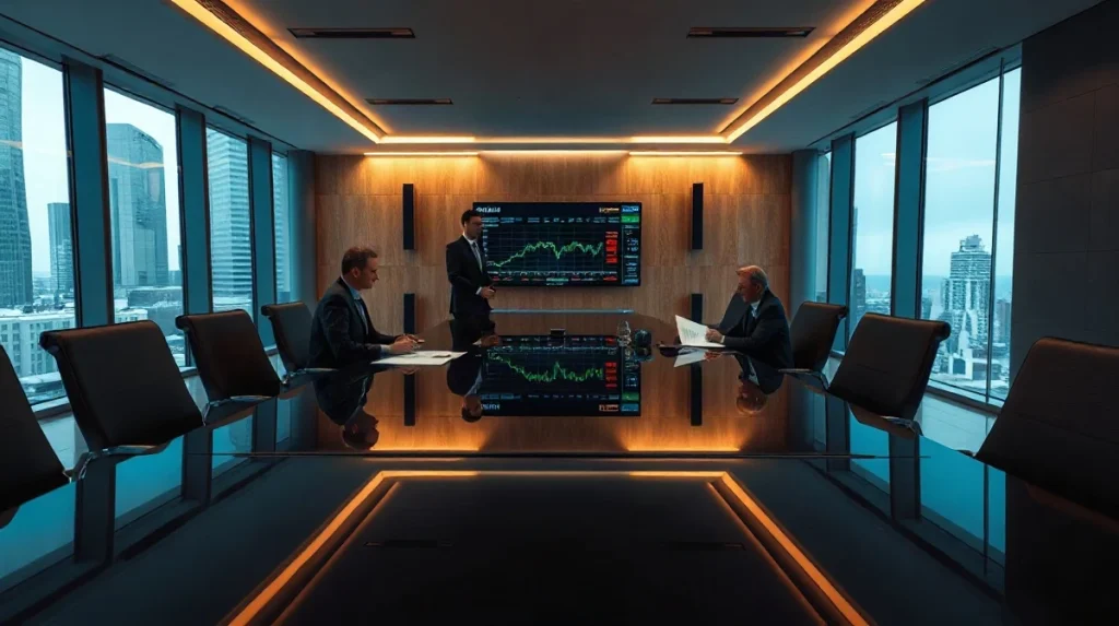 Executives reviewing documents in a bank boardroom with a market display on the wall
