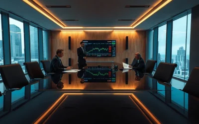 Executives reviewing documents in a bank boardroom with a market display on the wall