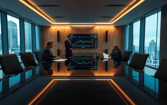 Executives reviewing documents in a bank boardroom with a market display on the wall
