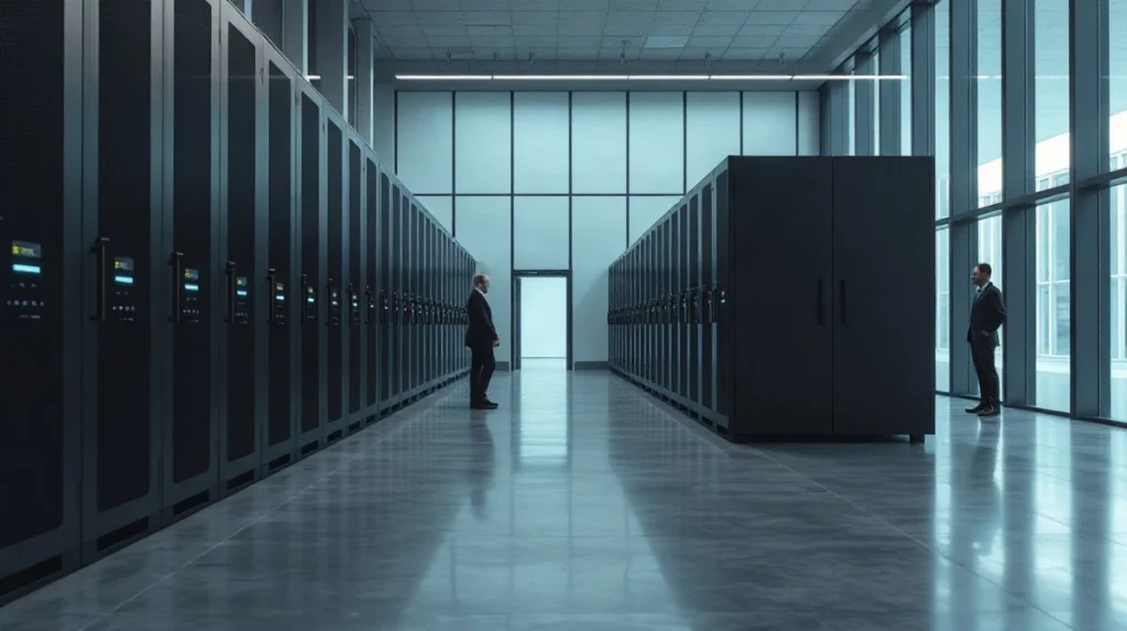 Dark server racks inside an institutional Bitcoin custody vault with cool daylight from a glass wall