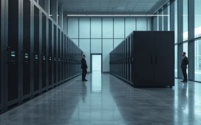 Dark server racks inside an institutional Bitcoin custody vault with cool daylight from a glass wall