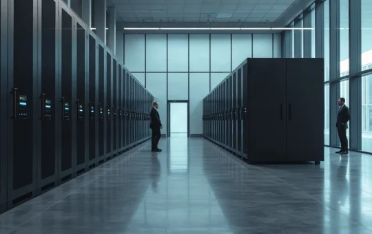 Dark server racks inside an institutional Bitcoin custody vault with cool daylight from a glass wall
