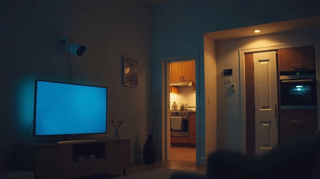 Dark living room with smart TV, security camera and oven glowing with faint blue light at night