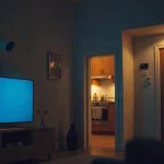 Dark living room with smart TV, security camera and oven glowing with faint blue light at night