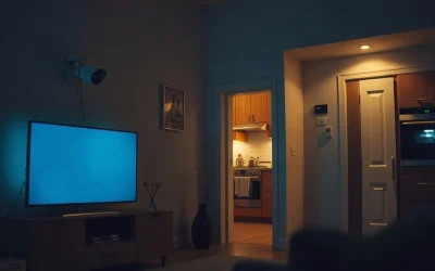 Dark living room with smart TV, security camera and oven glowing with faint blue light at night