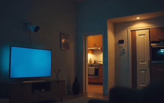 Dark living room with smart TV, security camera and oven glowing with faint blue light at night