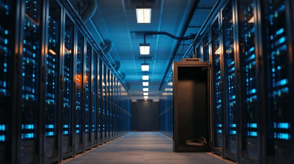 Data center server racks lit by blue indicator lights, representing Anthropic's Haiku 5.5 launch