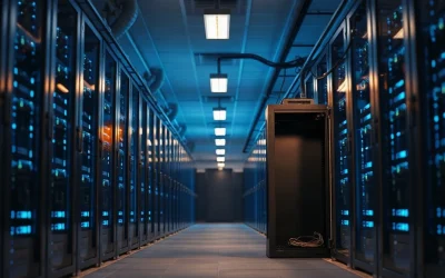 Data center server racks lit by blue indicator lights, representing Anthropic's Haiku 5.5 launch
