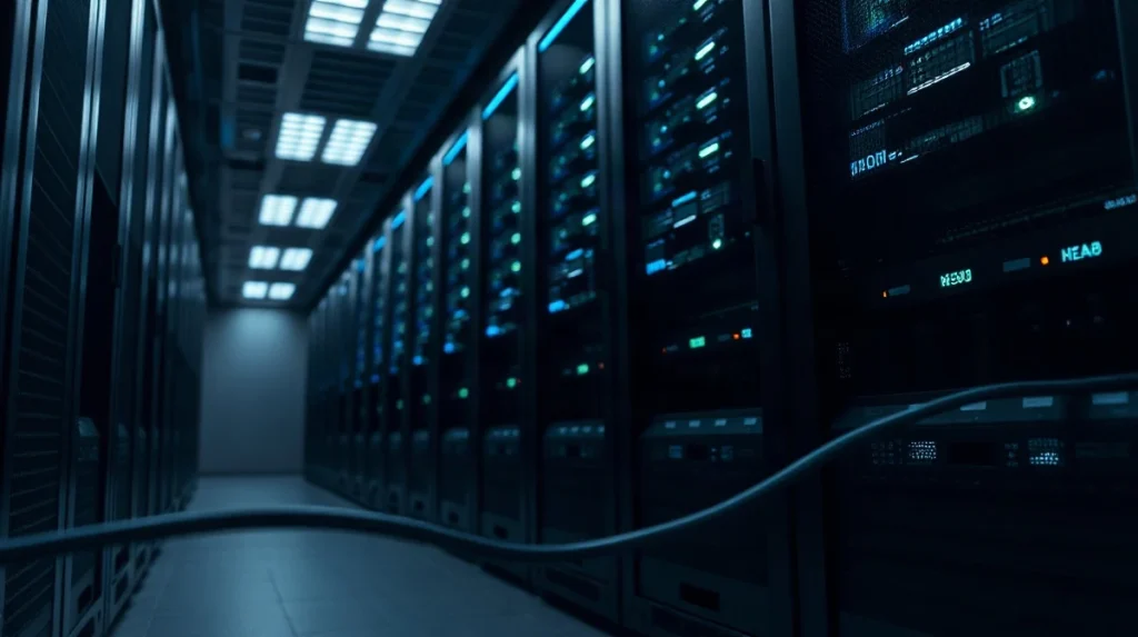 Data center server racks with blue indicator lights illustrating encrypted blockchain transaction processing