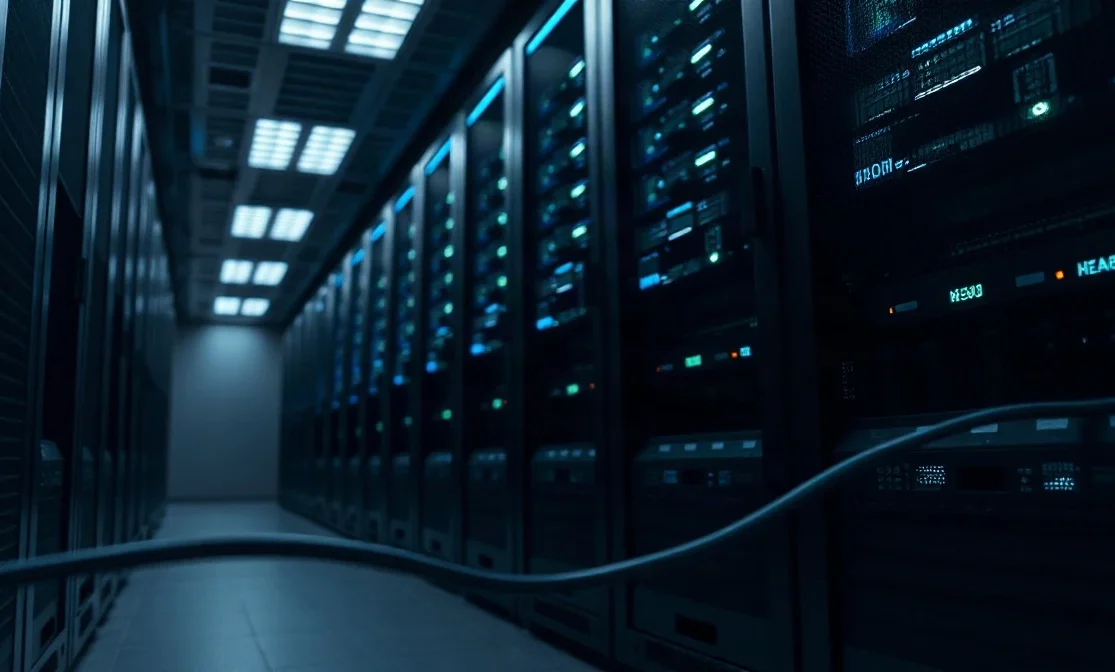 Data center server racks with blue indicator lights illustrating encrypted blockchain transaction processing