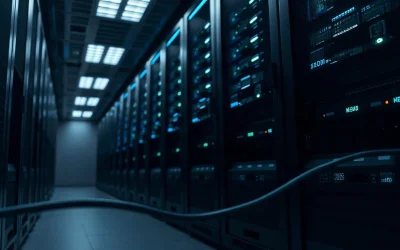 Data center server racks with blue indicator lights illustrating encrypted blockchain transaction processing