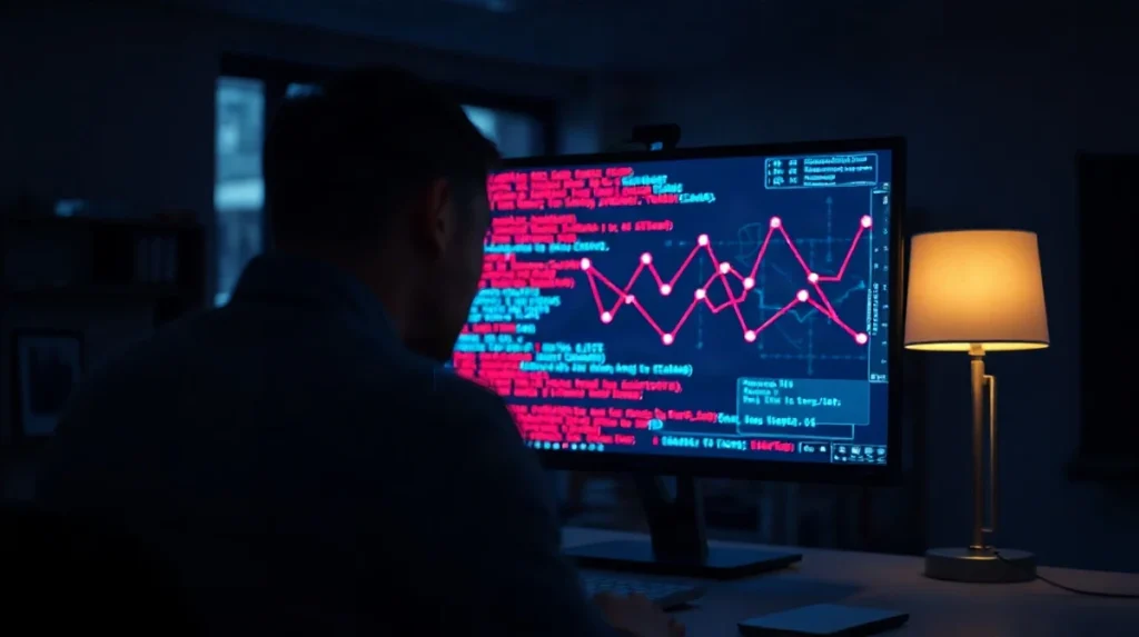 Security researcher at a monitor showing code and network diagram in a dark office