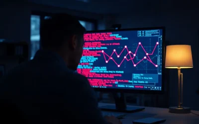 Security researcher at a monitor showing code and network diagram in a dark office