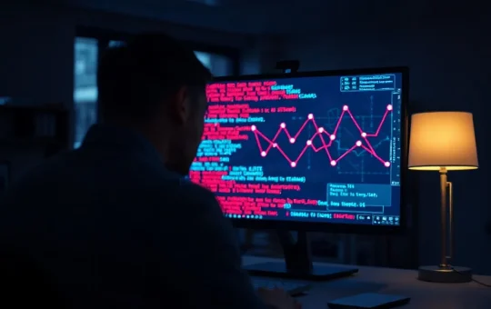 Security researcher at a monitor showing code and network diagram in a dark office