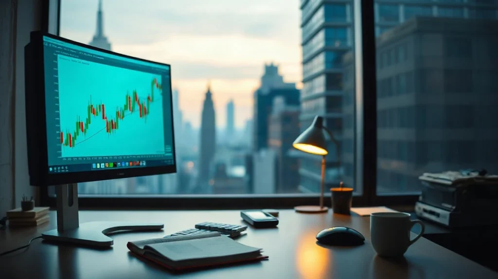 Analyst workstation with a crypto price chart and printed research note in a Wall Street office