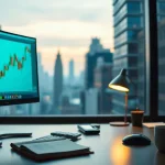 Analyst workstation with a crypto price chart and printed research note in a Wall Street office