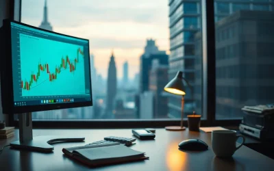 Analyst workstation with a crypto price chart and printed research note in a Wall Street office