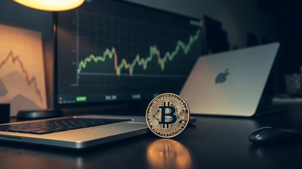 A physical bitcoin token on a desk in front of an out-of-focus monitor showing a rising price chart