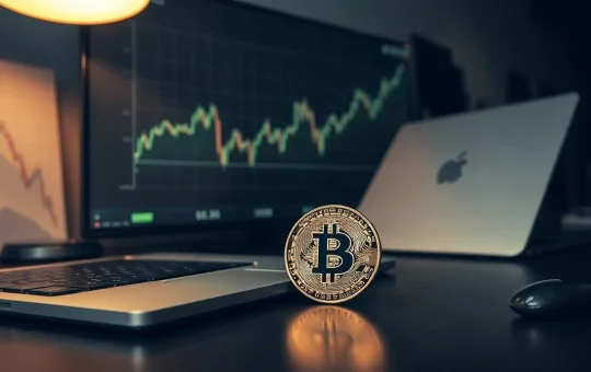 A physical bitcoin token on a desk in front of an out-of-focus monitor showing a rising price chart