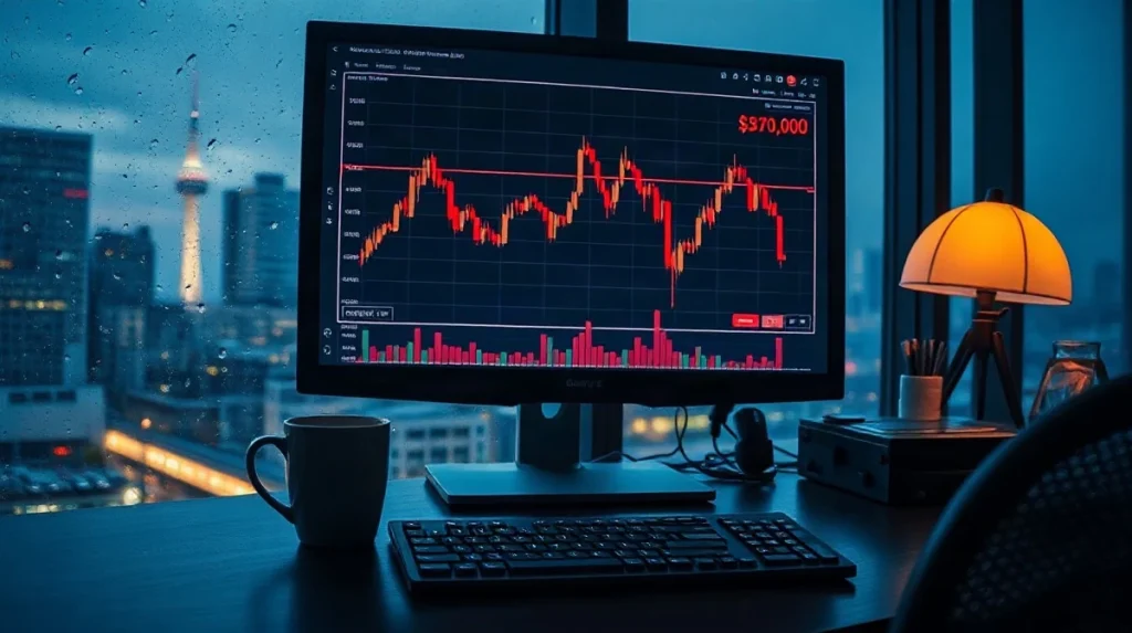Bitcoin price chart on a trading desk screen showing a decline below $81,000