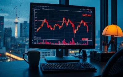 Bitcoin price chart on a trading desk screen showing a decline below $81,000