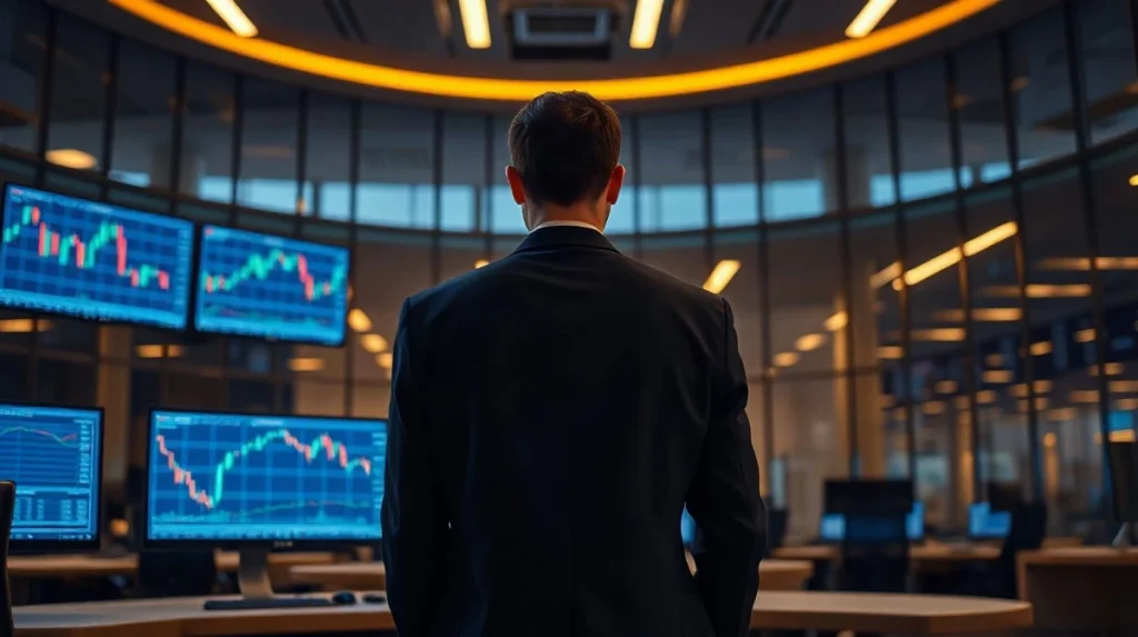 Analyst at a trading desk reviewing Bitcoin ETF holdings data on multiple monitors