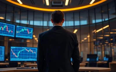 Analyst at a trading desk reviewing Bitcoin ETF holdings data on multiple monitors