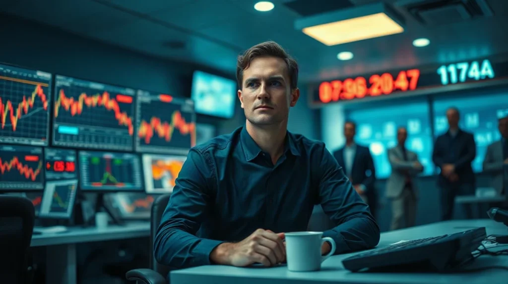 Trader at a dim trading desk watching red Bitcoin ETF flow charts after a heavy day of outflows
