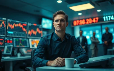 Trader at a dim trading desk watching red Bitcoin ETF flow charts after a heavy day of outflows