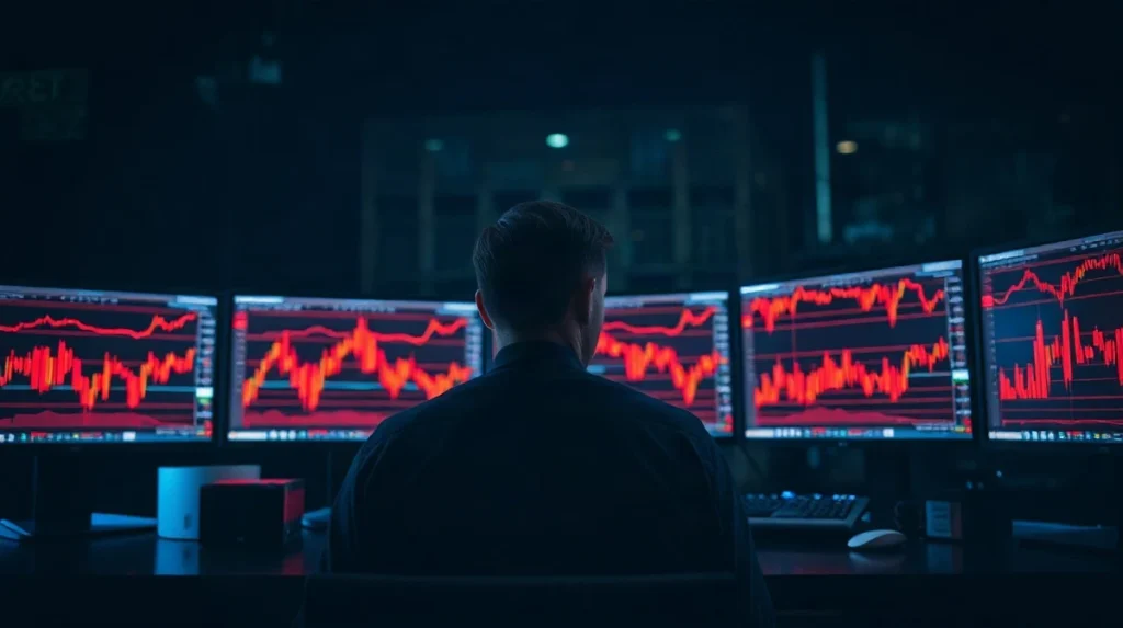 Trader watching red liquidation charts on multiple monitors during a crypto short squeeze