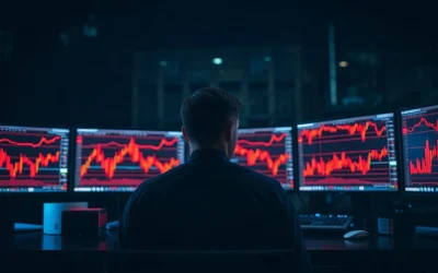 Trader watching red liquidation charts on multiple monitors during a crypto short squeeze