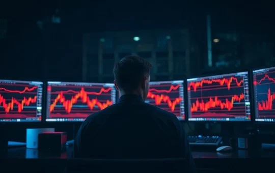 Trader watching red liquidation charts on multiple monitors during a crypto short squeeze