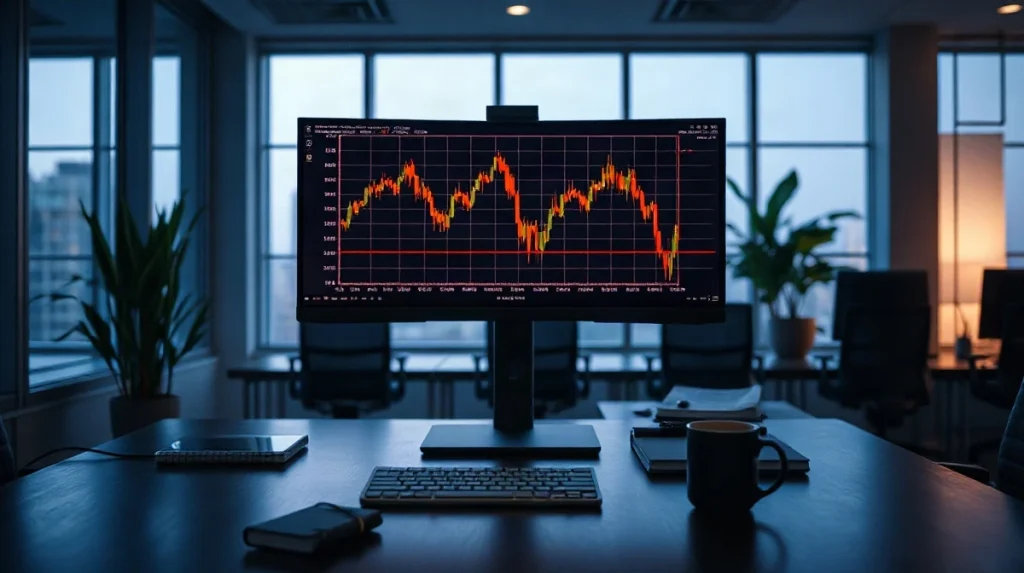 Trading desk at dusk with a large monitor showing a falling red candlestick chart, reflecting the Bitcoin selloff.