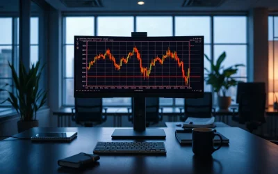 Trading desk at dusk with a large monitor showing a falling red candlestick chart, reflecting the Bitcoin selloff.