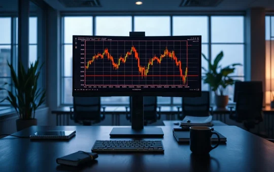 Trading desk at dusk with a large monitor showing a falling red candlestick chart, reflecting the Bitcoin selloff.