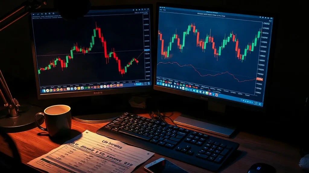 Trading desk with monitors showing a falling bitcoin chart and a printed inflation report