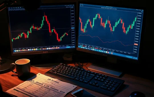 Trading desk with monitors showing a falling bitcoin chart and a printed inflation report