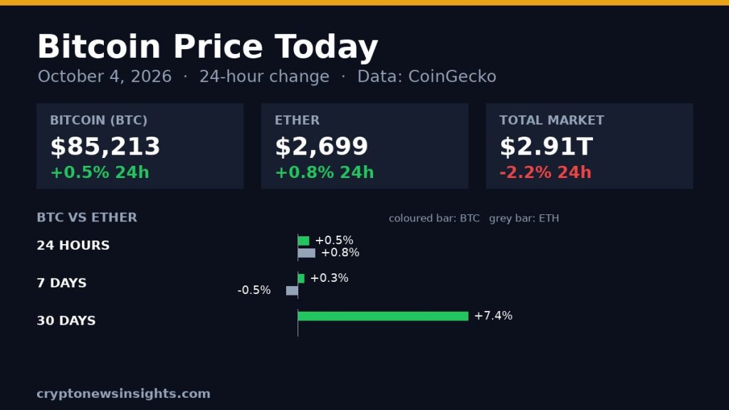 Chart card: Bitcoin 24-hour change on October 4, 2026 against Bitcoin and the total crypto market