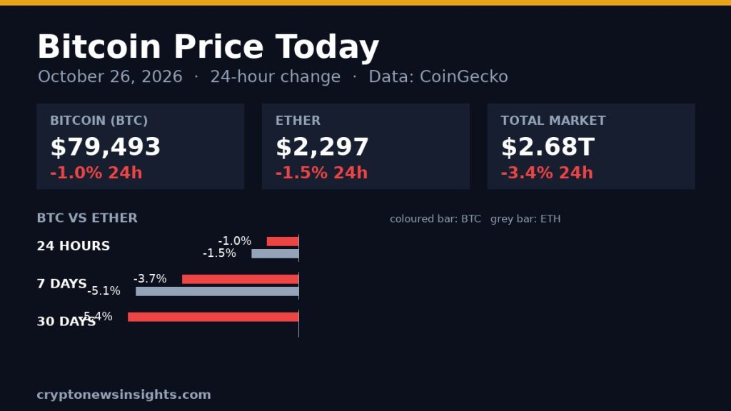 Bitcoin Price Today: BTC Steady at $79,493 as Market Falls 3.4%