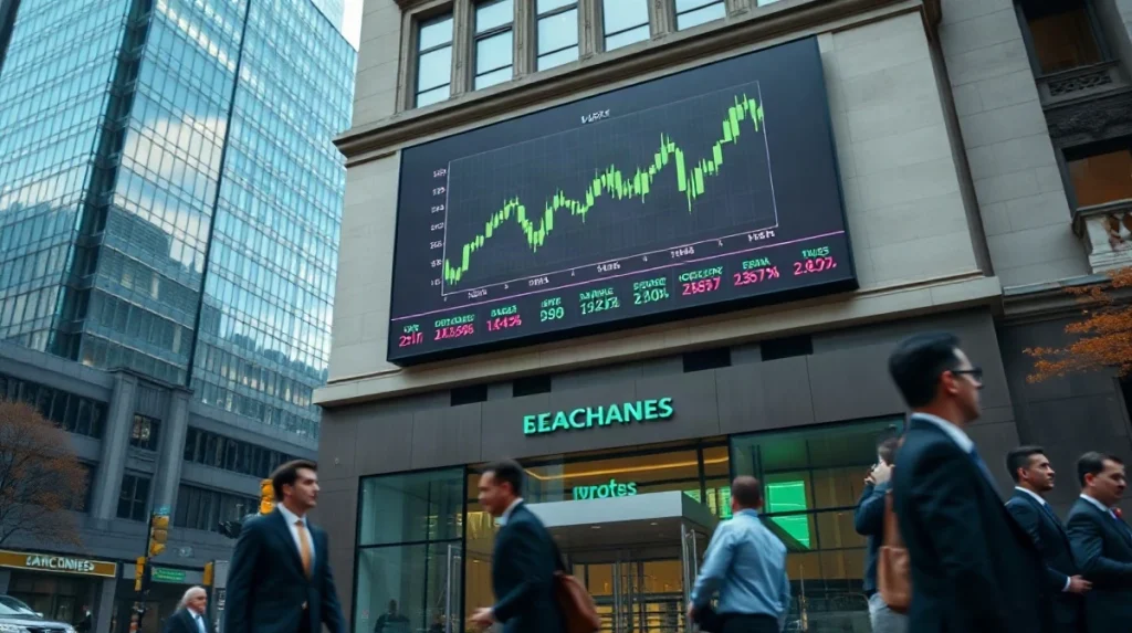 Digital price ticker on a financial exchange building showing Bitcoin trading above $87,000